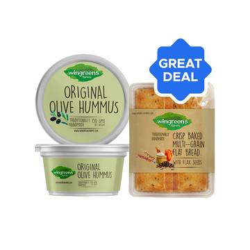 Wingreens Farms Original Olive Hummus Dip + Wingreens Farms Multigrain Baked Flat Bread Sticks Combo